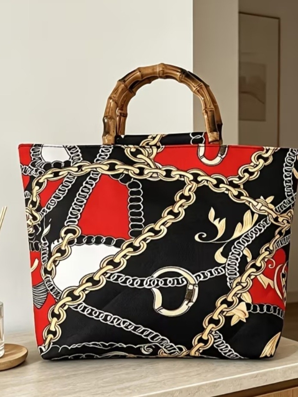 Printed Chain-Detail Tote with Bamboo Top Handles